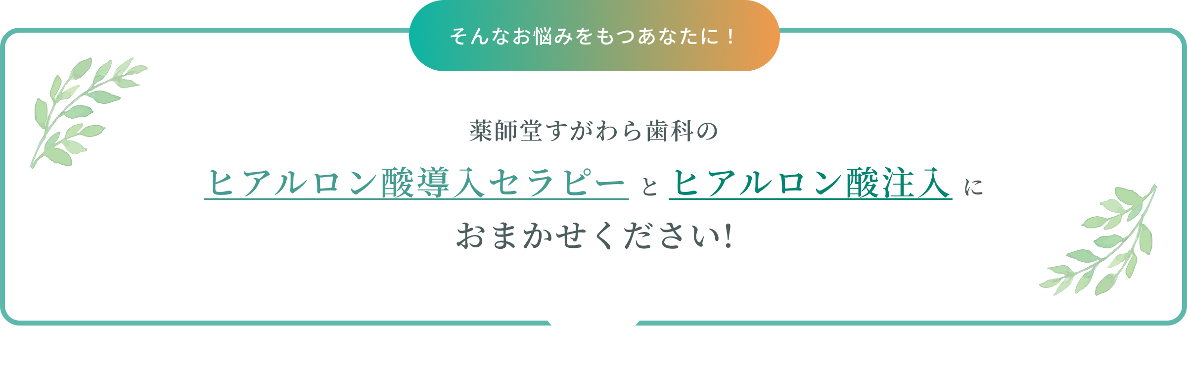 そんなお悩みをもつあなたに！薬師堂すがわら歯科の ヒアルロン酸導入セラピー と ヒアルロン酸注入 におまかせください! 